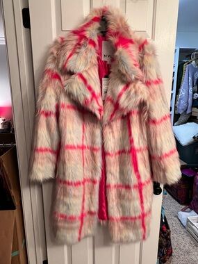 NVLT Pink Plaid Faux Fur Coat